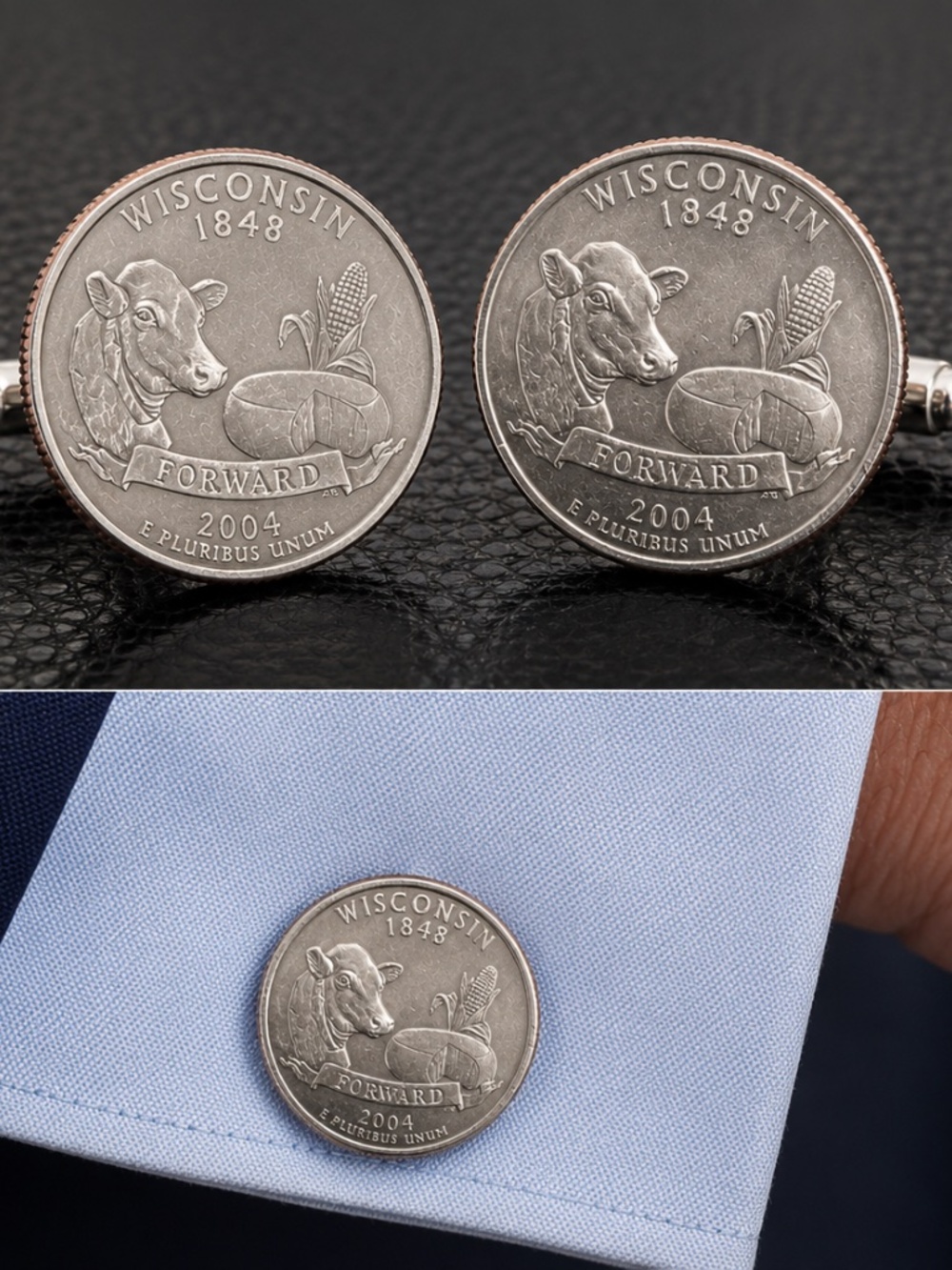Wisconsin State Quarter Cufflinks – 2004 U.S. Coin Jewelry – Handcrafted America